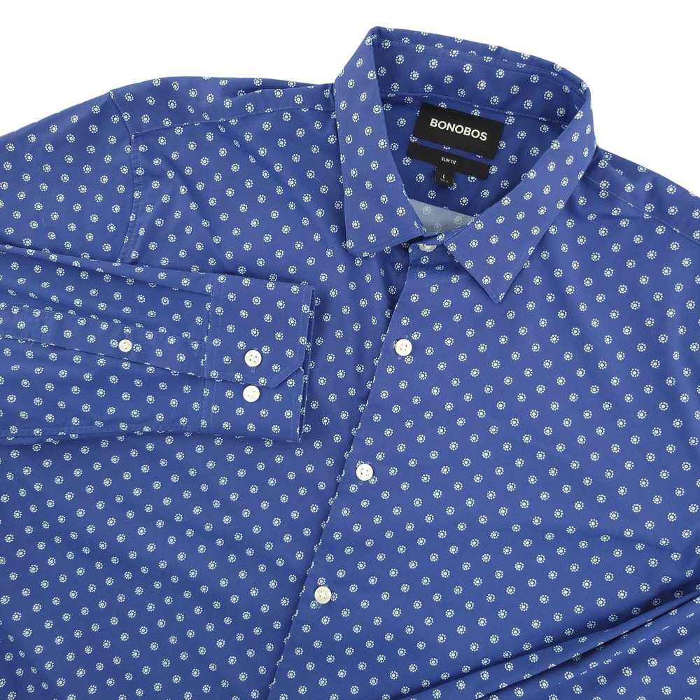 Bonobos Dress Shirt Mens Large Blue Floral Slim Fit Stretch Nylon Long Sleeve